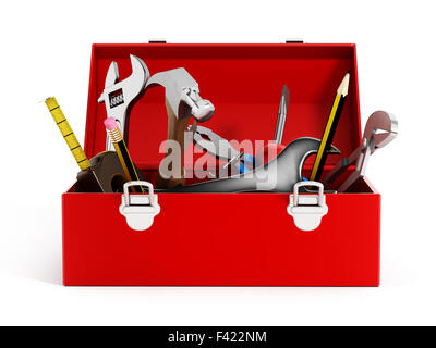 Red toolbox full of hand tools isolated on white background Stock Photo