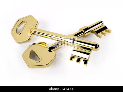 two golden key crossed isolated on white, 3d illustration Stock Photo