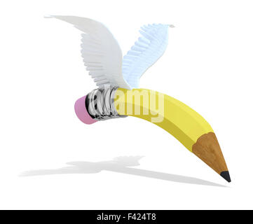 Pencil with wings and shadow, 3d illustration Stock Photo