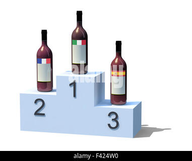 bottles of wine with flags on the podium, 3d illustration isolated on white background Stock Photo