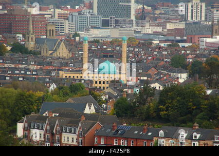 A view of Sheffield city skyline featuring the blue dome of Madina Masjid  (mosque) Wolseley Road Sheffield Yorkshire England UK Stock Photo