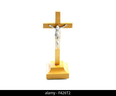 very simple wooden holy crucifix jesus christ on cross white background Stock Photo