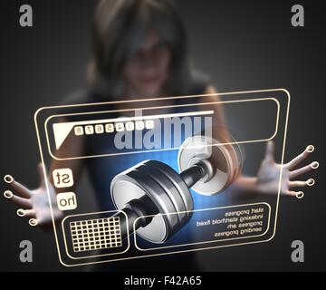 woman and hologram with dumbbell Stock Photo
