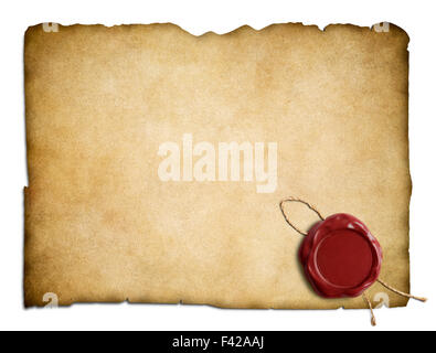 Old parchment paper or letter with red wax seal isolated Stock Photo