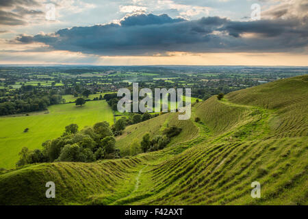 the ramparts of the prehistoric hill fort on Hambledon Hill above the Blackmore Vale, Dorset, England, UK Stock Photo