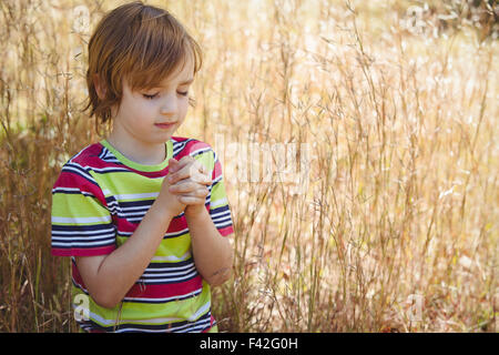 Praying little boy in the park Stock Photo