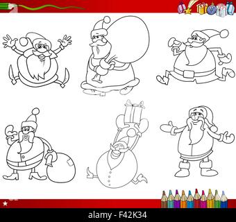 Coloring Book Cartoon Illustration of Black and White Christmas Themes Set with Santa Claus Stock Vector