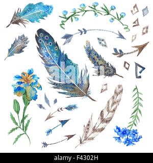 Collection of stylish watercolor hand-painted feathers, florals, arrows and triangles in boho style Stock Photo