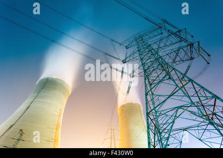 cooling towers at night Stock Photo
