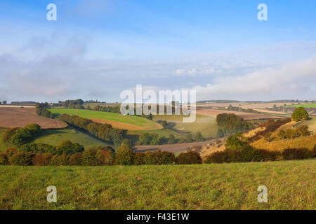A misty Autumn morning in the patchwork landscape of the Yorkshire wolds on a fine October day. Stock Photo