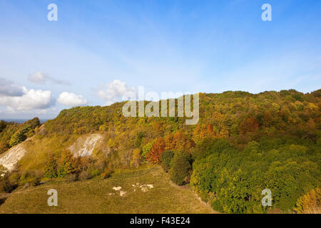 Dry meadows and colorful Autumn trees at Thixendale on the scenic Yorkshire wolds on a fine October morning. Stock Photo