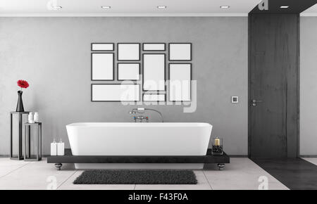 https://l450v.alamy.com/450v/f43f0a/black-and-white-bathroom-with-elegant-bathtub-and-wooden-door-3d-rendering-f43f0a.jpg