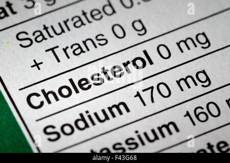 Shallow depth of Field image of Nutrition Facts Cholesterol Information we can find on a grocery Store Product. Stock Photo