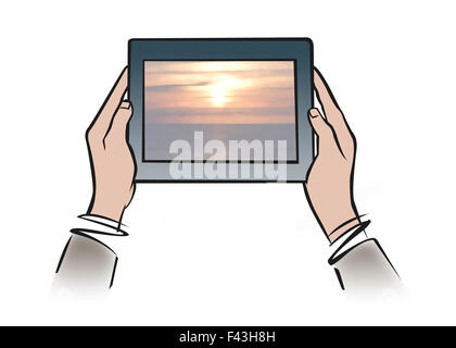 Illustration of hands holding digital tablet showing tranquil sunset Stock Photo