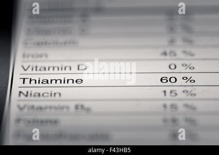 Shallow depth of Field image of Nutrition Facts Thiamine Information we can find on a grocery Store Product. Stock Photo