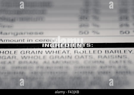 Shallow depth of Field image of Nutrition Facts Ingredients Information we can find on a grocery Store Product. Stock Photo