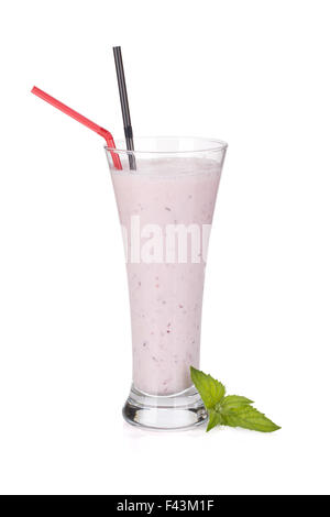 Cherry milk smoothie with mint and drinking straws. Isolated on white background Stock Photo