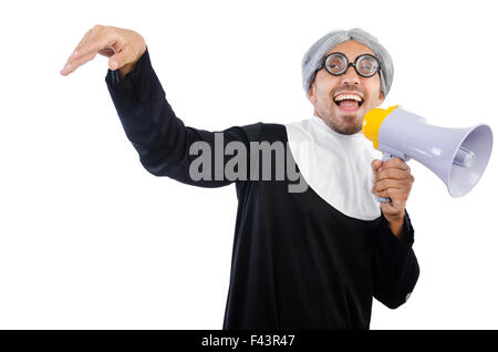 Young man wearing as nun isolated on white Stock Photo