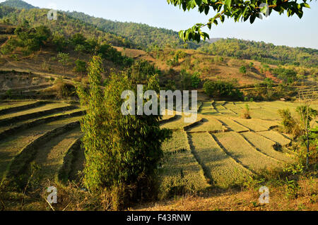 Terraced culture and hills around Kengtung (Kyaingtong), Shan State, Myanmar Stock Photo