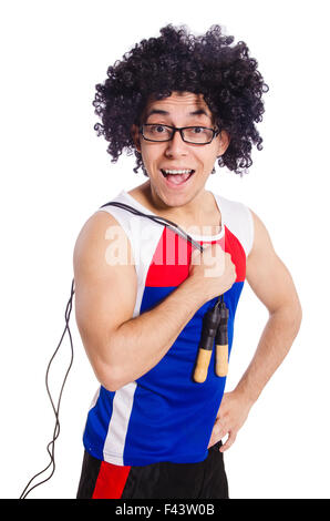 Guy with skipping rope isolated on white Stock Photo