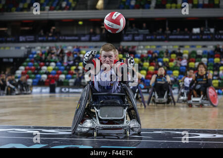 London, UK. 14th October, 2015. Japan defeat team GB  55-48 in the World Wheelchair Rugby Challenge at Copper Box, Queen Elizabeth Olympic Park, London, UK.Team GB player Jim Roberts about to score a try.  !4th October, 2015. copyright Carol Moir/Alamy Live News. Stock Photo
