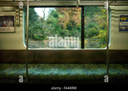 Empty train bench with window view  of green foliage Stock Photo