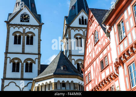 Old town of Boppard in the Rheingau, the UNESCO World Heritage Upper Middle Rhine Valley, Basilica of St. Severus Stock Photo