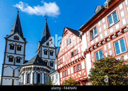 Old town of Boppard in the Rheingau, the UNESCO World Heritage Upper Middle Rhine Valley, Basilica of St. Severus Stock Photo