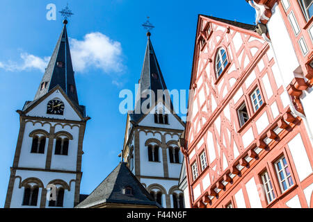 Old town of Boppard in the Rheingau, the UNESCO World Heritage Upper Middle Rhine Valley, Basilica of St. Severus Stock Photo