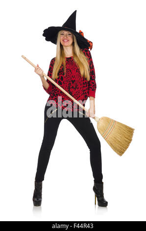 Funny witch with broom isolated on white Stock Photo