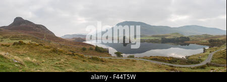 Panorama of Dawn over Cregennan lakes, Gwynedd, Snowdonia National Park, North Wales, UK Stock Photo