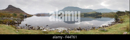 Panorama of Dawn over Cregennan lakes, Gwynedd, Snowdonia National Park, North Wales, UK Stock Photo