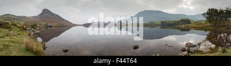 Panorama of Dawn over Cregennan lakes, Gwynedd, Snowdonia National Park, North Wales, UK Stock Photo