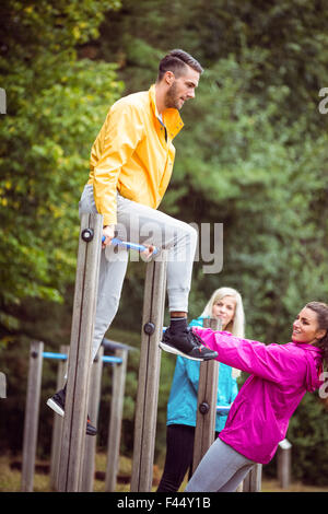 Happy friends having fun on a hike Stock Photo