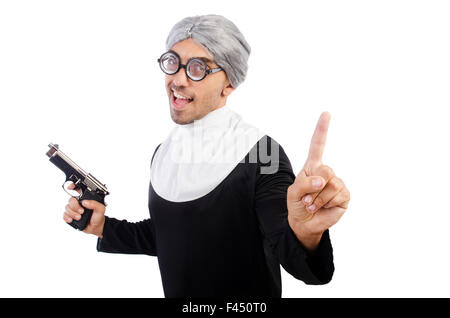 Young man wearing as nun isolated on white Stock Photo