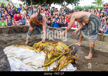 Tourists at Lau watch natives prepare a whole pig cooked in a pit filled with hot rocks, Big Island of Hawai'i; Hawai'i; USA Stock Photo