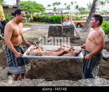 Tourists at Lau watch natives prepare a whole pig cooked in a pit filled with hot rocks, Big Island of Hawai'i; Hawai'i; USA Stock Photo