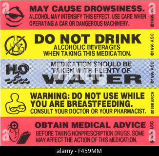 A selection of warning labels is available at a Southern California hospital pharmacy to ensure safe use of their prescriptions. Stock Photo