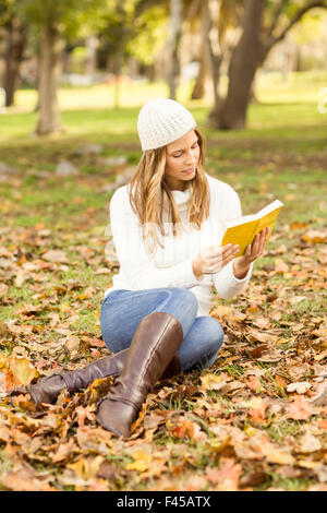 Smiling pretty woman reading a book in leaves Stock Photo