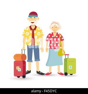 Elder grandparent couple travel family summer vacation with suitcase, people group illustration in flat art style. EPS10 vector. Stock Vector