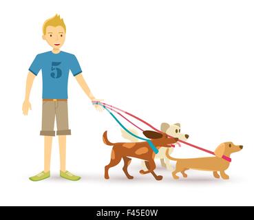 Best man friend. Happy teen taking family pet dogs for a walk  illustration in flat art style. EPS10 vector. Stock Vector