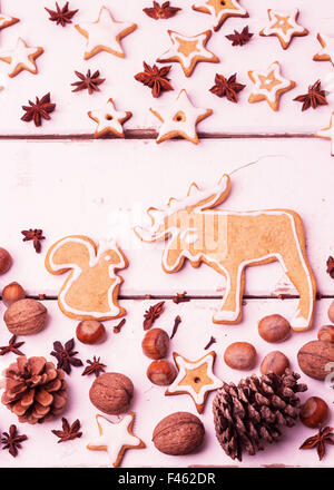 Christmas background. Gingerbread cookies, spices and nuts. Image toned in vintage style. Selective focus. Stock Photo