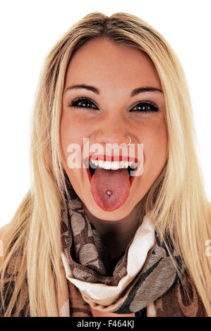 Girl showing pierced tongue. Stock Photo