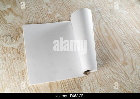 Photo of blank opened magazine or album on light wooden background with soft shadows. Template for design presentations and port Stock Photo