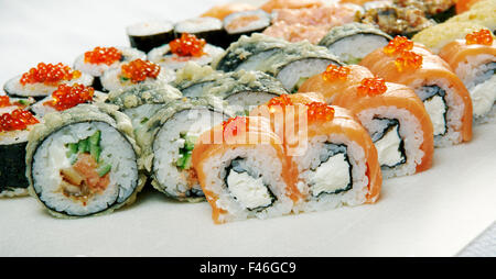 Food set of different Japanese Cuisine - Sushi Roll . Stock Photo