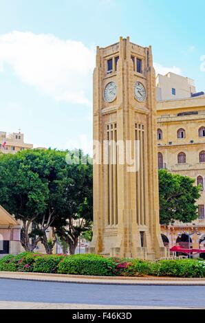 A view of the clock tower in Nejme Square in Beirut, Lebanon. A landmark of the beautiful and picturesque city centre in downtow Stock Photo