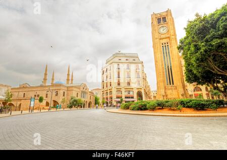 A view of the clock tower in Nejme Square in Beirut, Lebanon, some local architecture of downtown Beirut, the Mohammad Al-Amin m Stock Photo