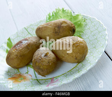 Canarian wrinkly potatoes. traditional baked potato dish eaten in the Canary Islands. Stock Photo