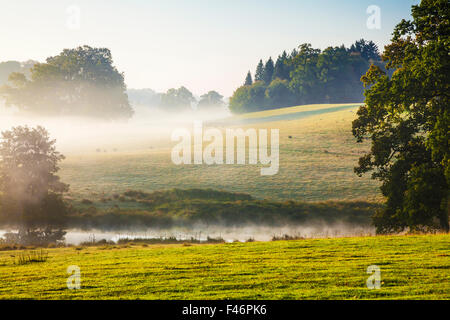 Mist over the lake and  parkland on the  Bowood Estate in Wiltshire in autumn. Stock Photo