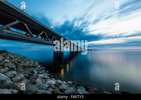 Oresund Bridge, Øresundsbroen, world's longest cable-stayed bridge connecting Copenhagen with Malmö, Denmark, Sweden Stock Photo